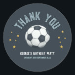Boys Cute Soccer Sports Thank You Kids Birthday Classic Round Sticker<br><div class="desc">This cute and modern sports-themed kids birthday thank you sticker design features a blue soccer ball cartoon design. The sticker can be personalized with your boy's name and the date of your party. The perfect sports-themed addition to your child's birthday party,  great for party favours!</div>