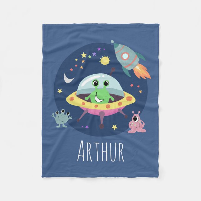 Boys Cute Space Alien Rocket Cartoon & Name Kids Fleece Blanket (Front)