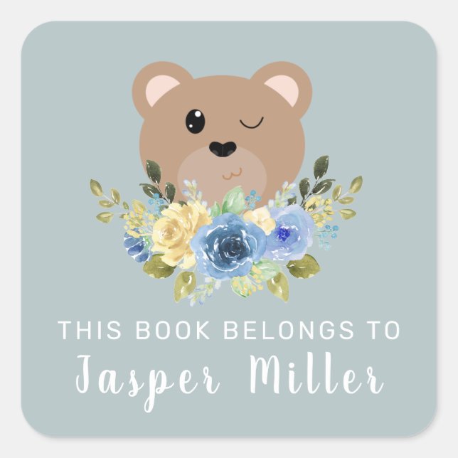 Boys Cute Teddy Bear Dusty Blue & Name Kids Square Sticker (Front)