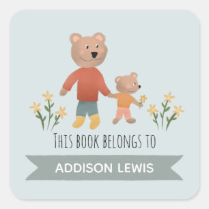 Boys Cute This Book Belongs Bear and Name Kids Square Sticker