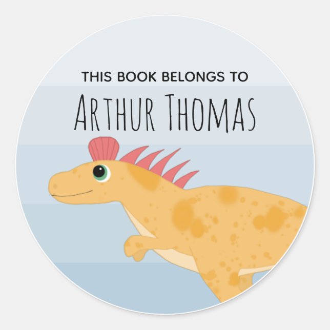 Boys Cute 'This Book Belongs' Dinosaur Bookplate Classic Round Sticker (Front)
