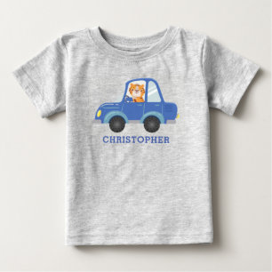 Boys Cute Tiger Driving Blue Car Personalized Name Baby T-Shirt