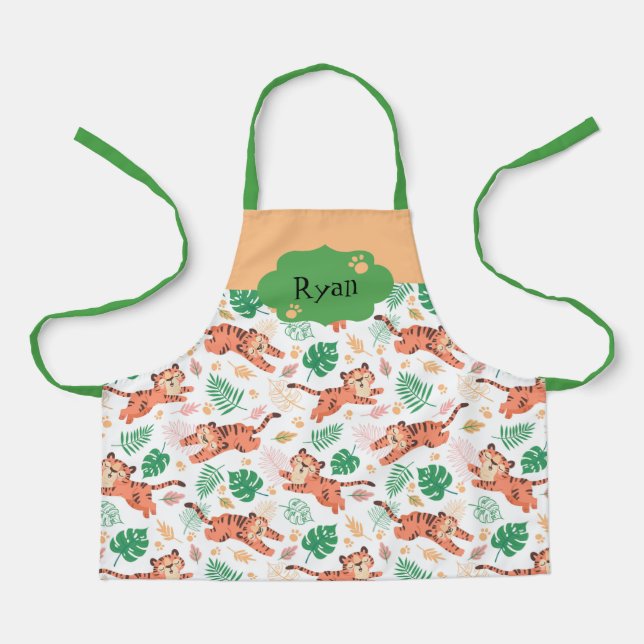Boys Cute Tiger Wild Jungle Safari with Name Kids Apron (Front)