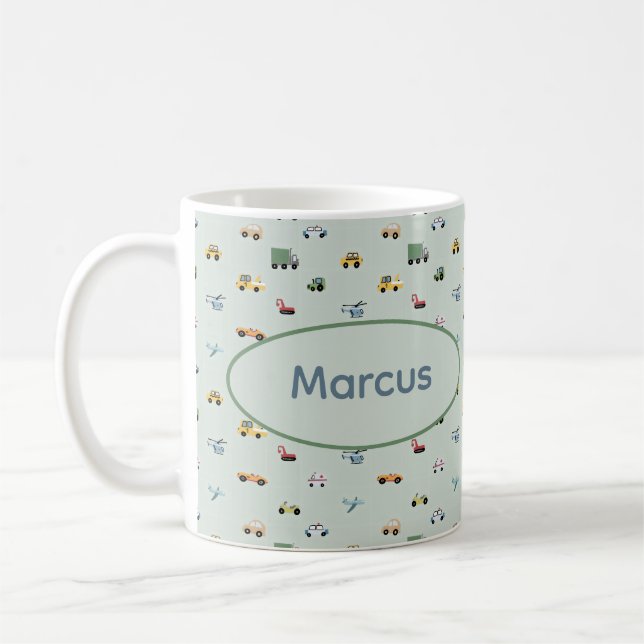 Boys Cute Transport Car Pattern monogram Kids Coffee Mug (Left)