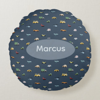 Boys Cute Transport Car Pattern monogram Kids Round Pillow