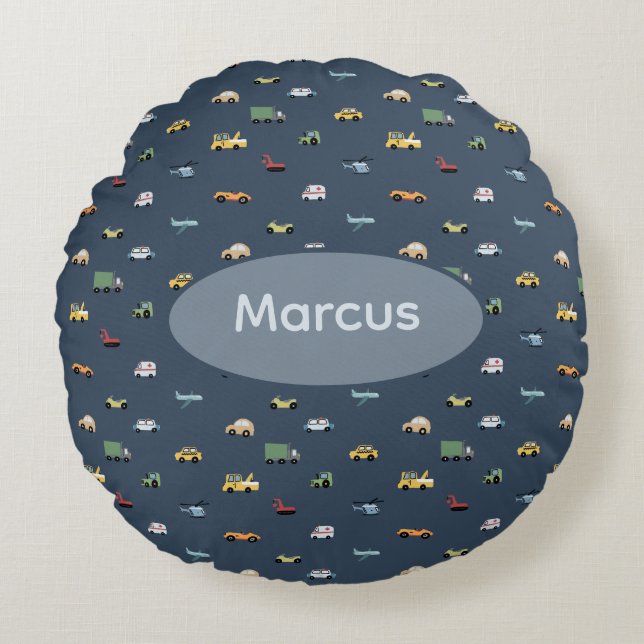 Boys Cute Transport Car Pattern monogram Kids Round Pillow (Front)