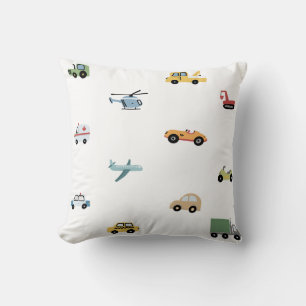 Boys Cute Transport Car Pattern Monogram Name Kids Throw Pillow