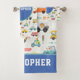 Boys Cute Transport Car Pattern Name Kids Bath Towel Set
