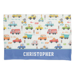 Boys Cute Transport Car Pattern Personalized Name Pillowcase