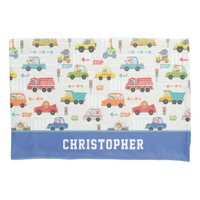 Boys Cute Transport Car Pattern Personalized Name Pillowcase (Front)