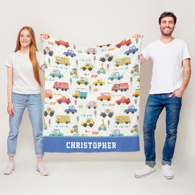 Boys Cute Transport Car Pattern With Name Fleece Blanket (In Situ)