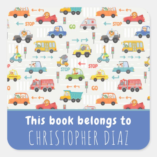 Boys Cute Transport This Book Belongs To Bookplate Square Sticker (Front)