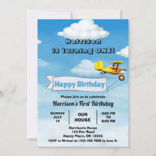 Boys Cute Travel Airplane Kids Birthday Custom Invitation