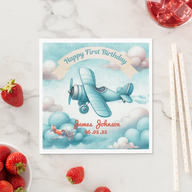 Boys Cute Travel Airplane Kids Birthday Custom Napkin (Insitu)