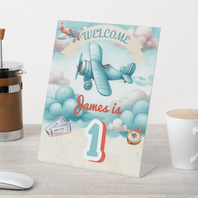 Boys Cute Travel Airplane Kids Birthday Custom Pedestal Sign (In SItu)