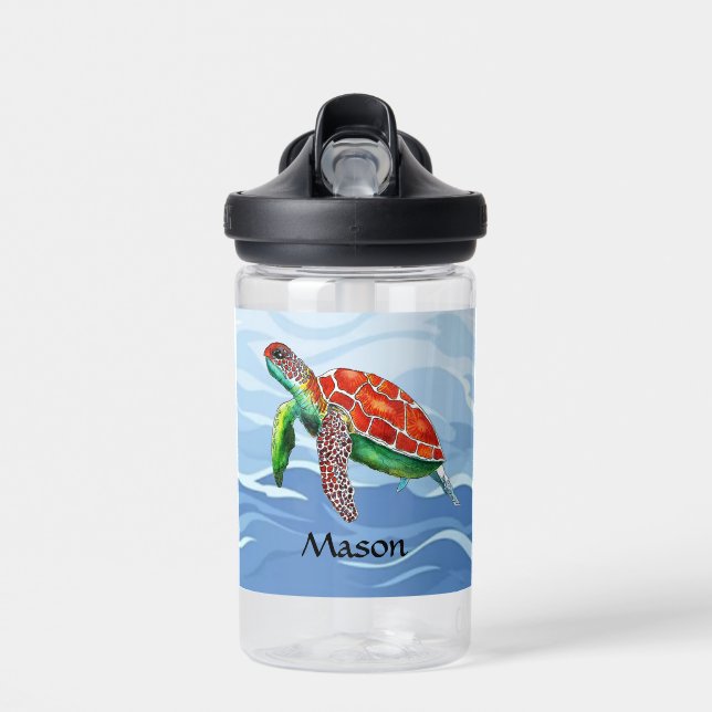 Boys Cute Turtle Personalized Blue Ocean Kids Water Bottle (Front)