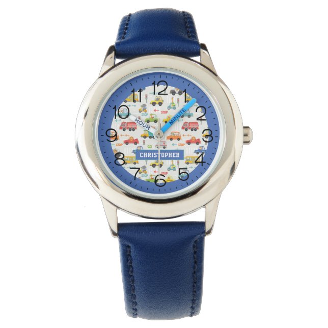 Boys Cute Vehicle Car Pattern Personalized Name Watch (Front)