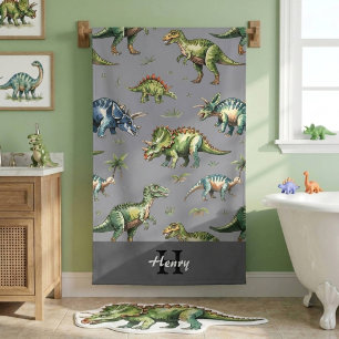 Boys Cute Watercolor Dinosaur & Name Kids Bath Towel