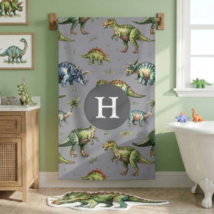 Boys Cute Watercolor Dinosaur & Name Kids Bath Towel