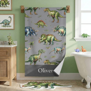 Boys Cute Watercolor Dinosaur & Name Kids Bath Towel