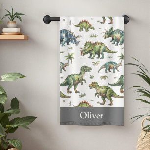 Boys Cute Watercolor Dinosaur & Name Kids Bath Towel