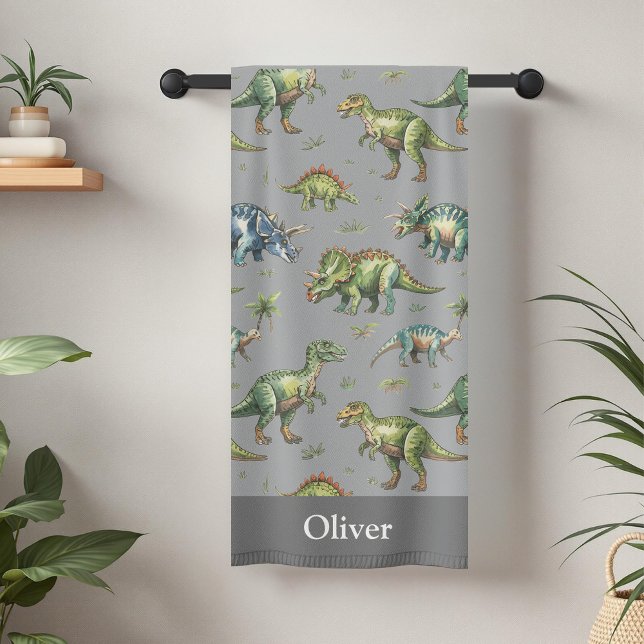Boys Cute Watercolor Dinosaur & Name Kids Bath Towel (Creator Uploaded)