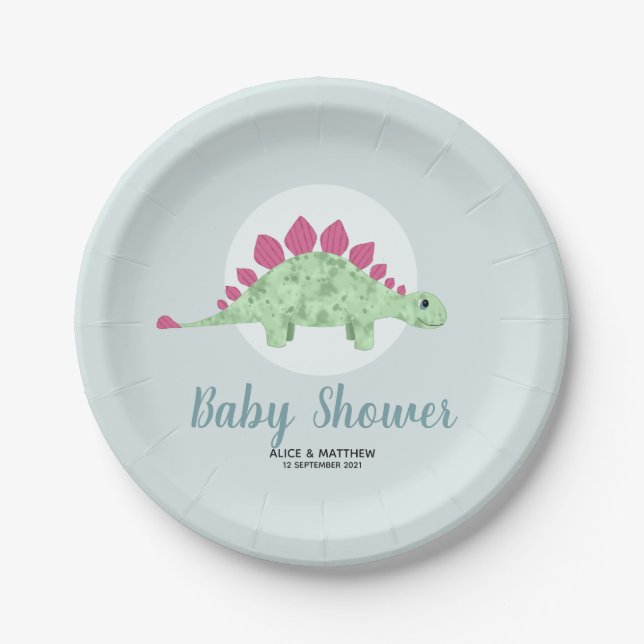 Boys Cute Whimsical Blue Dinosaur Baby Shower Paper Plate (Front)