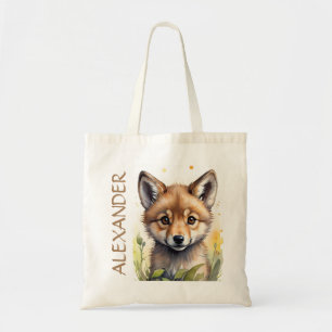 Boys Cute Wolf Wildlife Watercolor Personalised Tote Bag