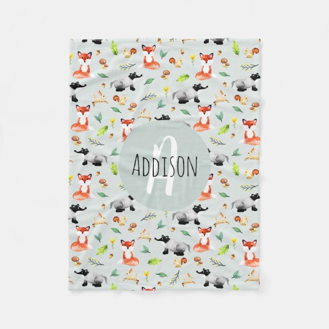Boys Cute Woodland Forest Animal Pattern Name Kids Fleece Blanket (Front)