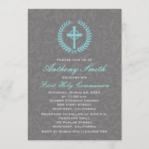 Boy's Damask First Comunion Invitation with Cross