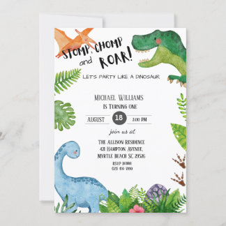 Boys Dinosaur 1st Birthday Party Invitation