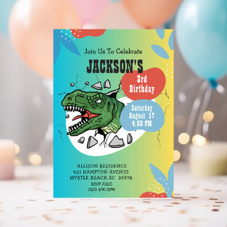 Boys Dinosaur 3rd  Birthday Party   Invitation
