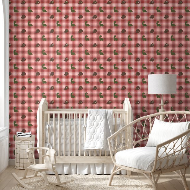 Boys Dinosaur Gingham - Army Green Brown Barn Red  Wallpaper (Kids)