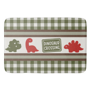 Boys Dinosaur & Gingham - Brown Red Army Green  Bath Mat