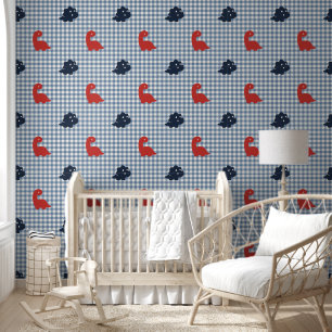 Boys Dinosaur Gingham - Navy, Red & Smoke Blue Wallpaper