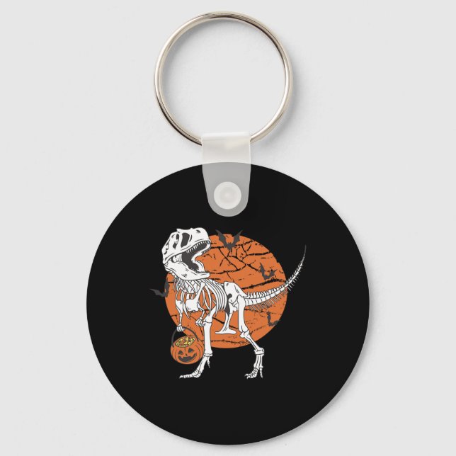 Boys Dinosaur Skeleton T Rex Scary Pumpkin Moon  Keychain (Front)