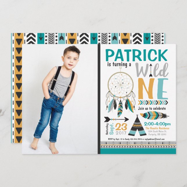 Boys Dreamcatcher Wild ONE 1st Birthday Invitation (Front/Back)