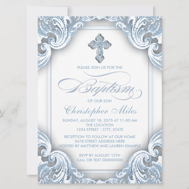 Boys Elegant Blue Cross Baptism Invitation (Front)