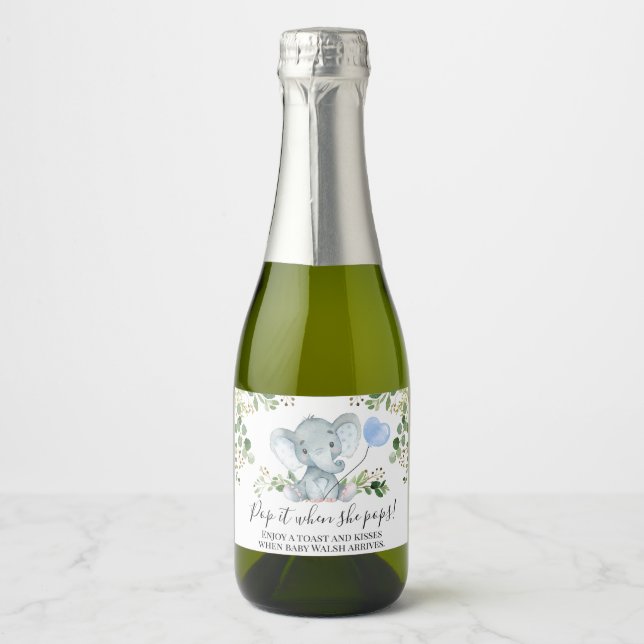 Boy's Elephant Baby Shower Sparkling Wine Label (Front)