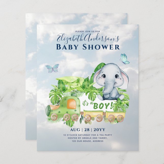 Boys Elephant Watercolor Baby Shower Invitation (Front/Back)