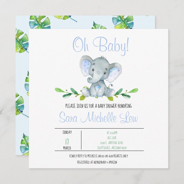 Boy's Elephant Watercolor Baby Shower Invitation (Front/Back)