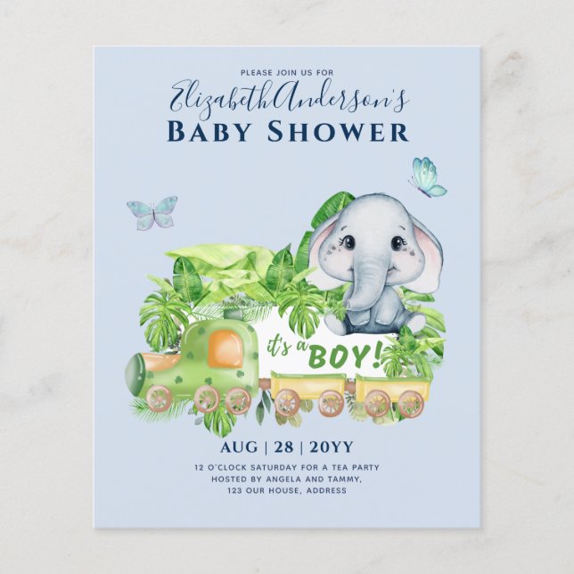Boys Elephant Watercolor Baby Shower Invitation Flyer (Front)