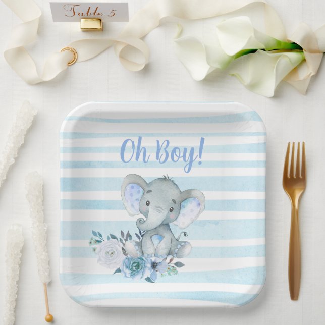 boy's Elephant Watercolor Baby Shower plates (Wedding)