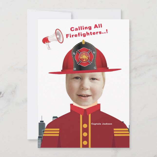 Boys Face in Hole Firefighter Photo Birthday Invitation (Front)