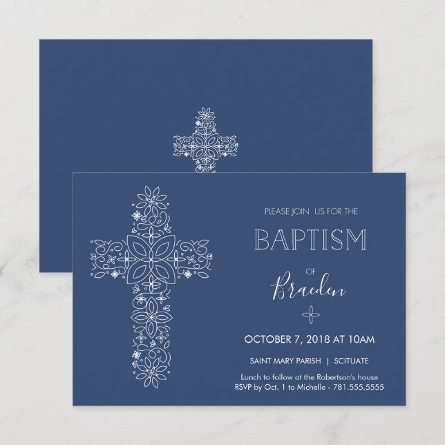 Boys Fancy Baptism Invitation avec Croix (Devant / Derrière)