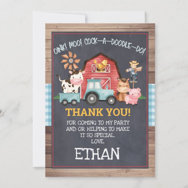 Boys farm Animals Chalkboard Thank You Card (Front)