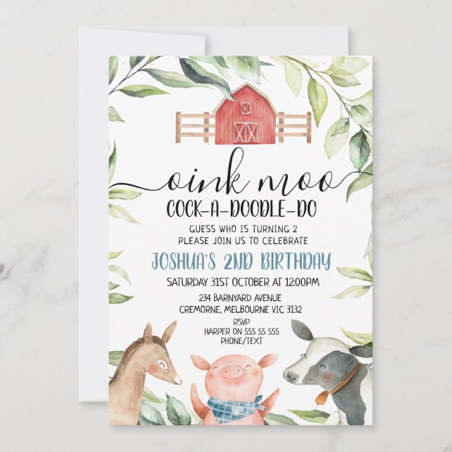 Boys Farm Animals Foliage 2nd Birthday Invitation (Front)