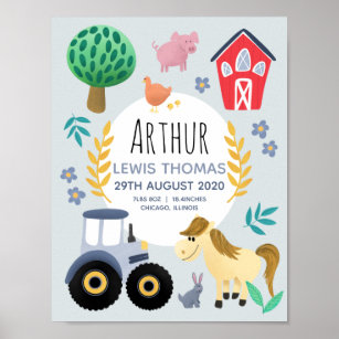 Boys Farm Animals Tractor Birth Stats Baby Nursery Poster