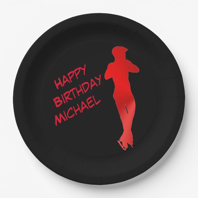 Boys Figure Skating Red / Black Birthday Party Paper Plate (Front)