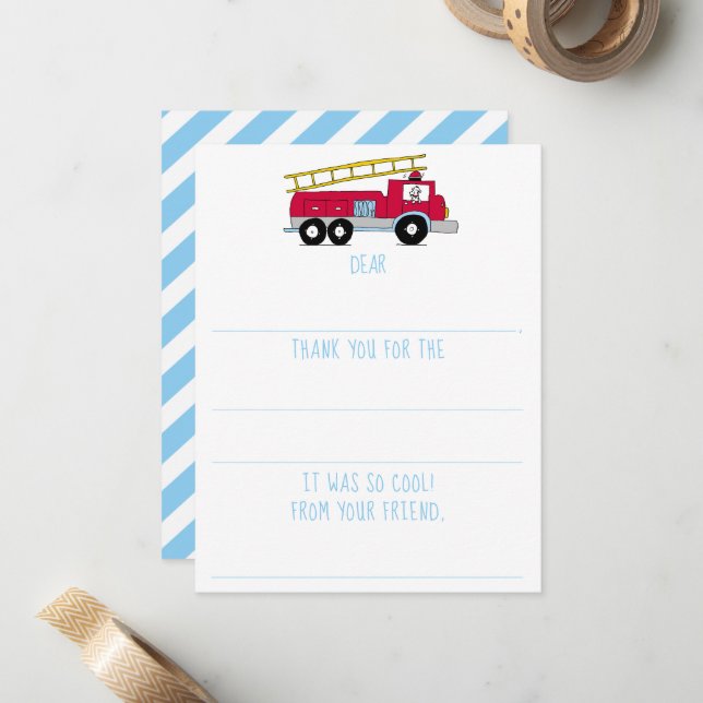 Boys Fill-In Fire Truck Birthday Thank You  Card (Front/Back In Situ)